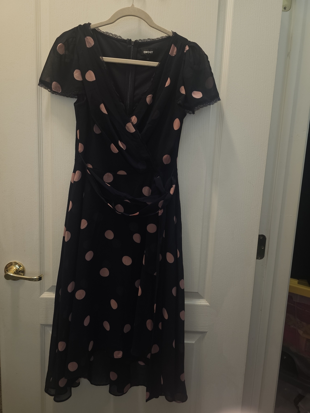 DKNY Black Midi Dress with Pink Polka Dots